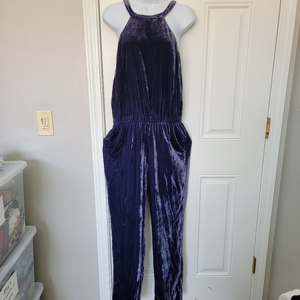 LOFT Velvet Halter Neck Sleeveless Jumpsuit Holiday Party Blue Purple Small - Picture 4 of 16
